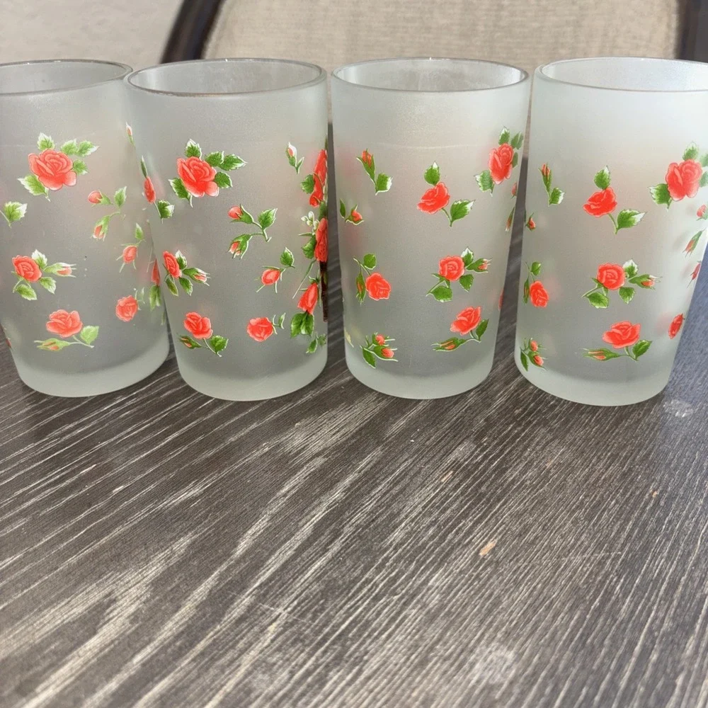 Frosted Vintage Floral Juice Glasses Briliant Set Of‎ 4 MCM Cottagecore Romantic